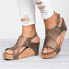 Peep Toe PU Wedges Blocking Hook-Loop Wedge Sandals