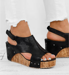Peep Toe PU Wedges Blocking Hook-Loop Wedge Sandals