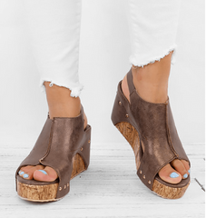 Peep Toe PU Wedges Blocking Hook-Loop Wedge Sandals