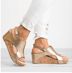 Peep Toe PU Wedges Blocking Hook-Loop Wedge Sandals