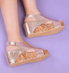 Peep Toe PU Wedges Blocking Hook-Loop Wedge Sandals