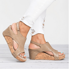 Peep Toe PU Wedges Blocking Hook-Loop Wedge Sandals