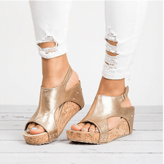 Peep Toe PU Wedges Blocking Hook-Loop Wedge Sandals