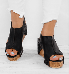 Peep Toe PU Wedges Blocking Hook-Loop Wedge Sandals
