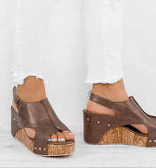 Peep Toe PU Wedges Blocking Hook-Loop Wedge Sandals