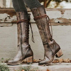 Vintage Fashion Side High Heel Cross Strap PU High Boots