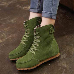 Vanliga platt fuskmocka Criss Cross Rund Toe Casual Boots