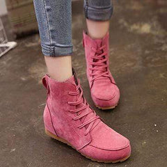 Vanliga platt fuskmocka Criss Cross Rund Toe Casual Boots