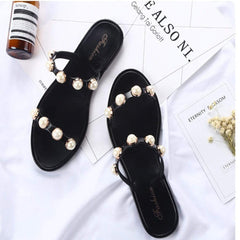 Casual Clip Toe Platta Sandaler Med Pärla 