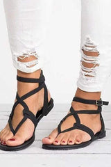 Large Size Adjustable Buckle Flat PU Sandals Woman Shoes