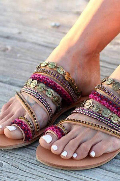 modevova Bohemian Flat Peep Toe Casual Tofflor 