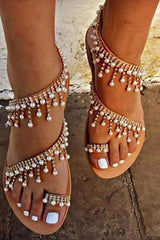 Bohemian Pearl Tassel Clip Toe Beach Flat Sandals