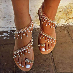 Bohemian Pearl Tassel Clip Toe Beach Flat Sandals