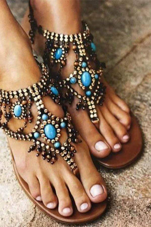 Bohemian Beaded Clip Toe Beach Flat Sandals