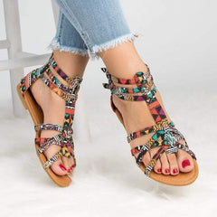 Blommig platt fotledsrem Peep Toe Casual Gladiator Sandaler 