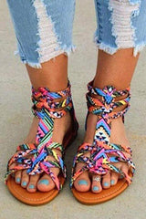 Blommig platt fotledsrem Peep Toe Casual Gladiator Sandaler 