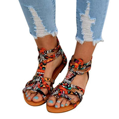 Blommig platt fotledsrem Peep Toe Casual Gladiator Sandaler 