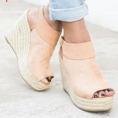 Plain  High Heeled  Velvet  Ankle Strap  Peep Toe  Date Wedge Sandals