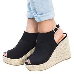 Plain  High Heeled  Velvet  Ankle Strap  Peep Toe  Date Wedge Sandals