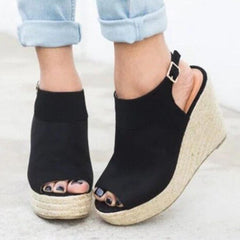 Plain  High Heeled  Velvet  Ankle Strap  Peep Toe  Date Wedge Sandals