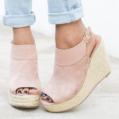 Plain  High Heeled  Velvet  Ankle Strap  Peep Toe  Date Wedge Sandals