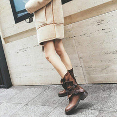 Plus storlek justerbart spänne mid-calf kvinnor motorcykel stövlar 