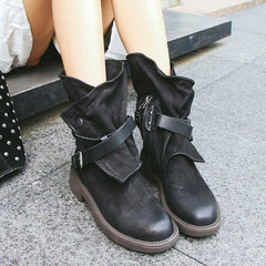 Plus storlek justerbart spänne mid-calf kvinnor motorcykel stövlar 