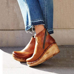 Fashion Leather Slope Heel Boots