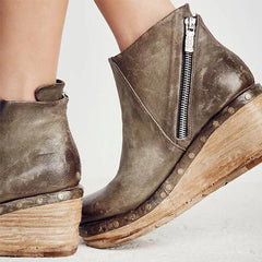 Fashion Leather Slope Heel Boots