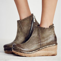 Fashion Leather Slope Heel Boots