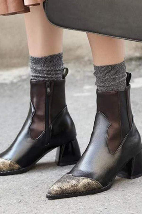 Läder spetsad tå Patchwork dragkedjestövlar 