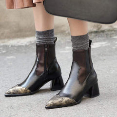 Läder spetsad tå Patchwork dragkedjestövlar 