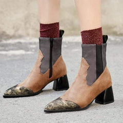 Läder spetsad tå Patchwork dragkedjestövlar 