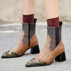 Läder spetsad tå Patchwork dragkedjestövlar 