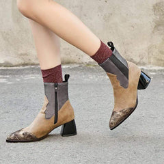 Läder spetsad tå Patchwork dragkedjestövlar 