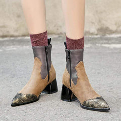 Läder spetsad tå Patchwork dragkedjestövlar 