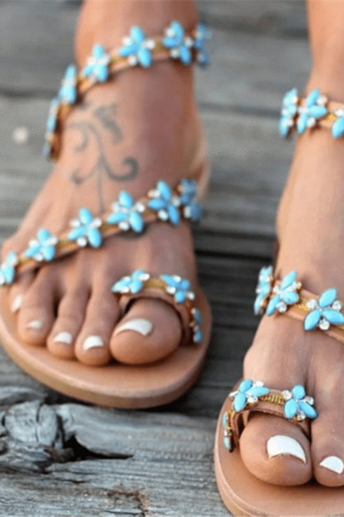 Flower Rhinestone Toe Flat Sandaler 