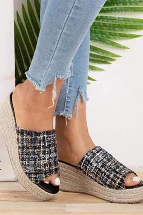 Retro sandal i tweedtyg med öppen tå med lutning