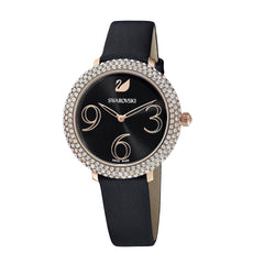 Crystal Frost Watch, Leather Strap, Black, Rose-gold tone PVD
