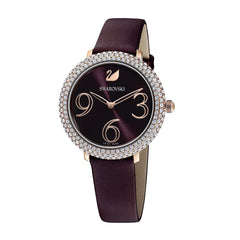 Crystal Frost Watch, Leather Strap, Dark red, Rose-gold tone PVD