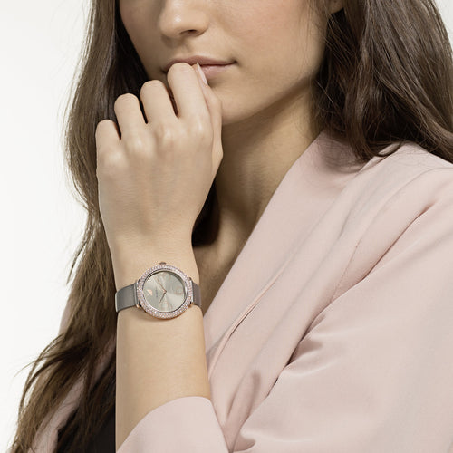 Crystal Frost Watch, Läderrem, Grå, Rose-guld ton PVD