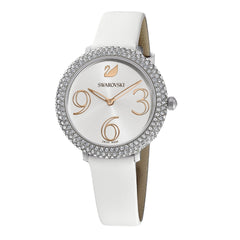 Crystal Frost Watch, Leather Strap, White, Stainless Steel