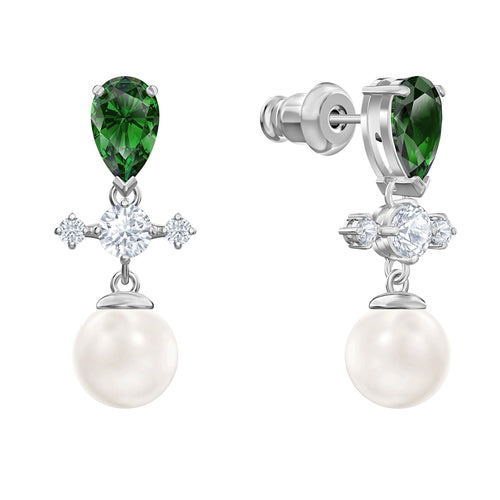 Perfection Drop Pierced Earrings, Green, Rhodium plated