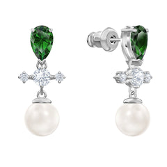 Perfection Drop Pierced Earrings, Green, Rhodium plated