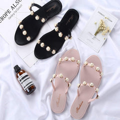 Casual Clip Toe Platta Sandaler Med Pärla 