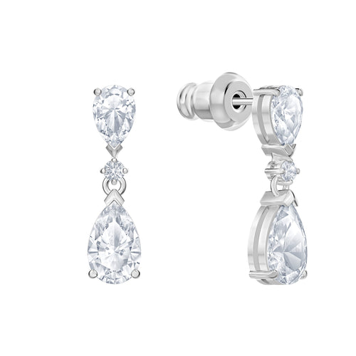 Palace Drop Pierced Earrings, White, Rhodium plated