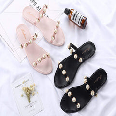 Casual Clip Toe Platta Sandaler Med Pärla 