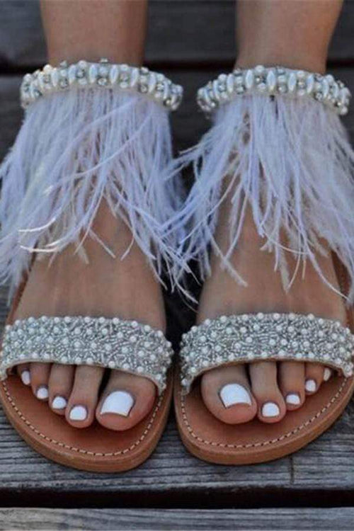 Mode Vintage Rhinestone Feather Flat Sandaler 