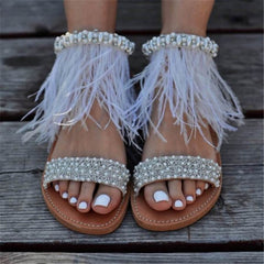 Mode Vintage Rhinestone Feather Flat Sandaler 