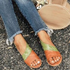 Women Leather   Flat Heel Patchwork Sandals